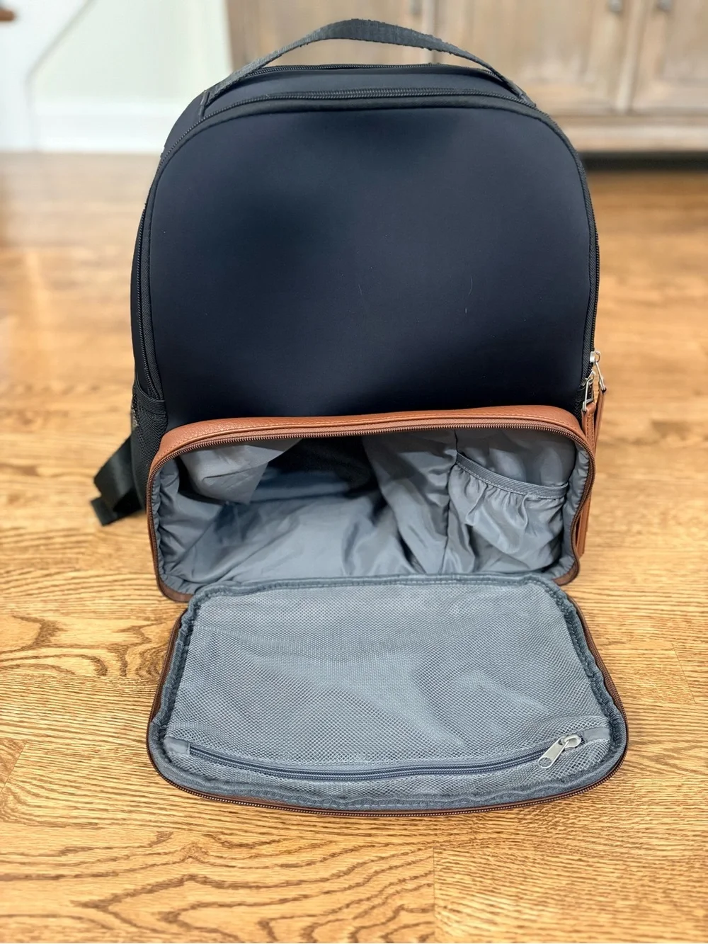 Freshly Picked Black Neoprene and Brown Vegan Leather Mom Travel Backpack